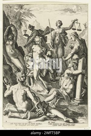 De Zeven Vuarden, Jacob Matham (attribué à), d'après Hendrick Goltzius, 1588 imprimer les sept vertus personnelles dans un paysage. Au premier plan, vu au dos, la prudence (prudentia), avec deux serpents et un miroir à main, et avec une deuxième vue sur la tête. Sur la droite au premier plan se trouve Strength (Fortitudo), avec une colonne. L’amour (caritas) avec deux enfants est au milieu. Sur la droite est la modération (temperantia), ce liquide d'une cruche versé dans un verre. À l'arrière-plan se trouve la justice (Justitia) avec l'épée et les écailles et la foi (Fides) avec crucifix et miskelk. Sur la gauche, le ho enchaîné Banque D'Images