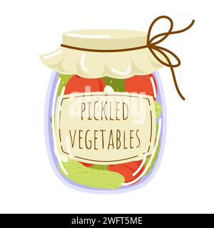 Légumes en conserve faits maison dans un style plat. Bocaux en verre avec des cornichons faits maison. Illustration vectorielle isolée sur fond blanc. Illustration de Vecteur