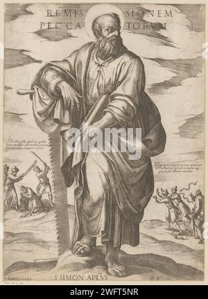 De Heilige Simon, Antonio Tempesta, 1565 - 1630 imprimer Saint Simon avec scie et livre. En arrière-plan à gauche, Simon est scié en deux et battu avec un bâton. En arrière-plan à droite, Simon Snangen contrôle ses persécuteurs. Imprimeur : Italyafter Own design by : Italypublisher : Rome paper gravure de l'apôtre Simon Zelotes (ou Simon le Cananéen) ; attributs possibles : livre, scie, défilement. Martyre et mort de Simon Zelotes : il est scié en deux, ou battu à mort. Vie et actes de Simon Zelotes Banque D'Images