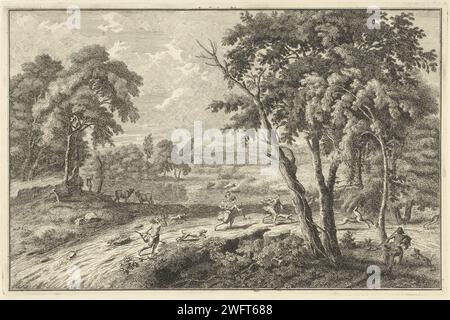 Paysage fluvial arcadien avec chasse aux cerfs, Adolf van der Laan, d'après Johannes glaber, 1710 - 1747 imprimer Paysage fluvial arcadien avec chasseurs et chiens qui chassent les cerfs. Il y a deux vaches sur la rive en arrière-plan. L'estampe fait partie d'une série de 40 estampes avec des performances de paysages italiens et allemands. Amsterdam papier gravure paysages avec eaux, paysages aquatiques, paysages marins (dans la zone tempérée). hunter. animaux à onglons : cerfs Banque D'Images