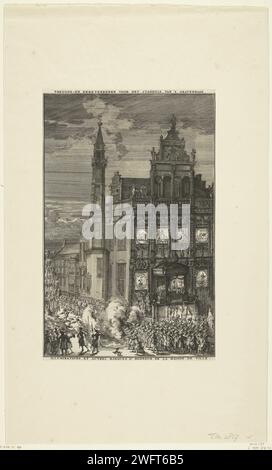 Marques de joie pour la mairie de la Haye, 1691, Romeyn de Hooghe, 1691 impression marques de joie pour la mairie, à l'occasion de l'arrivée de Willem III à la Haye, le 5 février 1691. Scène du soir avec un échafaudage avec des torches brûlantes sur la gauche, au premier plan les soldats Saluutschoten regardaient les visiteurs sur les escaliers de la mairie. Sur la façade de l'hôtel de ville illuminé des portraits de Willem et Maria et Emblemen. Pays-Bas papier gravure entrée triomphale et réception publique, concours, 'entrée solennelle', 'entrée joyeuse'. Décoration et illumination des rues, places, etc Banque D'Images