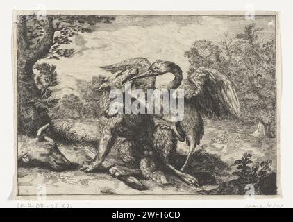 Wolf et Kraanvogel, Anonyme, d'après Abraham Bloteling, 1655 - 1740 imprimer Une grue enlève un os du cou d'un loup avec son bec. Le loup avait pris un mouton et en le mangeant il était resté un os dans son cou. Cette performance illustre une histoire tirée des fables d'Aesopus. Pays-Bas (éventuellement) gravure sur papier des oiseaux de rivage et des échassiers : grue. bêtes de proie, animaux prédateurs : loup. Fables d'Aesop : utilisez 85(...) Banque D'Images