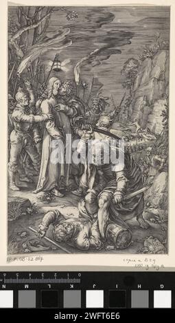 Collection du Christ, Anonyme, d'après Hendrick Goltzius, 1597 - 1667 imprimer Christ est capturé par des soldats à la cour de Getsémane. Judas l'embrasse sur la joue. Peter Malchus prend une oreille au premier plan. Papier néerlandais gravure du baiser de Judas : accompagné de soldats aux torches et aux lanternes, il embrasse le Christ. Pierre tire son épée et coupe l'oreille de Malchus Banque D'Images