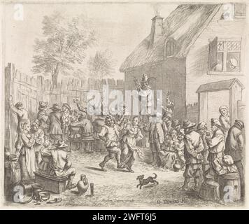 BoerenkenKermis, David Teniers (II), 1639 - 1690 imprimer un groupe de fermiers buveurs à côté d'une auberge. Quelques danses sur la musique d'un joueur de cornemuse. Les fermiers de gravure de papier d'Anvers. boire. auberge, café, maison publique, etc. une paire dansant ; homme et femme dansant en couple. Cornemuse, musette - CC - hors portes Banque D'Images