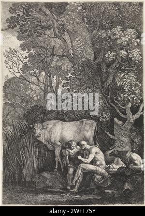 Mercury Sust Argus endormi, Moyses van Wtenbrouck, 1600 - 1647 imprimer Mercure est en conversation avec le géant Argus. Il tient sa flûte dans sa main. Derrière Mercure et Argus se trouve la vache io. Scène des métamorphoses d'Ovidius (avec. I, 682-687). La gravure sur papier de la Haye Mercury endorme Argus en faisant de la musique Banque D'Images