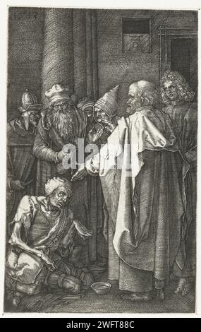 Petrus et Johannes guérissent un homme paralysé à la porte du Temple, Albrecht Dürer, 1513 imprimer les apôtres Pierre et Jean l'évangéliste sont dans un homme. Peter lui colle la main. Un certain nombre d'hommes en arrière-plan. Ce tirage fait partie d'une série de 16 tirages avec des scènes de l'histoire de la souffrance. Nuremberg gravure sur papier guérison d'un mendiant boiteux à la belle porte du temple par Pierre et Jean (actes 3 - 4:31). handicaps, déformations Banque D'Images