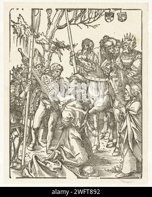 Jacques le supérieur est exécuté, Lucas Cranach (I), 1510 - 1514 print Jakobus le supérieur (Jacobus Major) est exécuté sur ordre d'Hérode Agrippa. L'apôtre est agenouillé sur le sol, sa tête est tenue par le bourreau qui tire son épée pour décapiter le saint. Hérode est à cheval sur la droite. Sur le sol se trouve le chapeau de pèlerin comme un attribut du saint. Au sommet de l'arbre, il y a deux boucliers avec l'Electoral et ducal Wapen van Saxony. Allemagne décapitation papier de James Banque D'Images