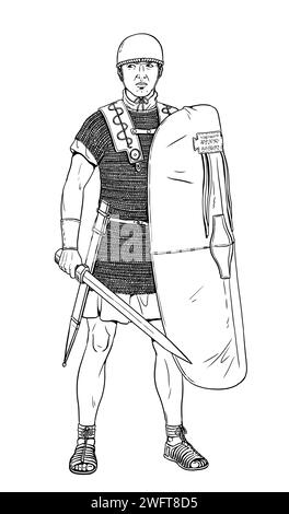 Légionnaire romain avant la bataille. Dessin historique. Banque D'Images