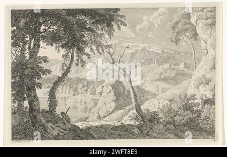 Paysage arcadien avec deux bergers, Johannes glaber, 1656 - 1726 imprimer un paysage arcadien avec un lac. Une ville sur une colline le long du lac. Au premier plan deux bergers sous un arbre. L'estampe fait partie d'une série de paysages arcadiens. Papier inconnu gravure pastorale, scènes arcadiennes. lac (+ paysage avec figures, personnel). vue sur la ville et paysage avec constructions artificielles Banque D'Images