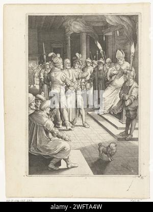 Procès du Christ par le grand prêtre Kaja pas, 1618 imprimer le Christ est dirigé par des soldats devant le grand prêtre Kaja pas. Le prêtre est assis sur un trône et déchire ses vêtements en accusant Christ de blasphème. Papier néerlandais gravure du Christ avant le Sanhédrin avec Caiaphas comme grand prêtre, et peut-être Annas ; peut-être un soldat sur le point de frapper Christ parce qu'il garde le silence (Matthieu 26:57-66, Marc 14:53-64, Luc 22:54, 22:66-71) Banque D'Images
