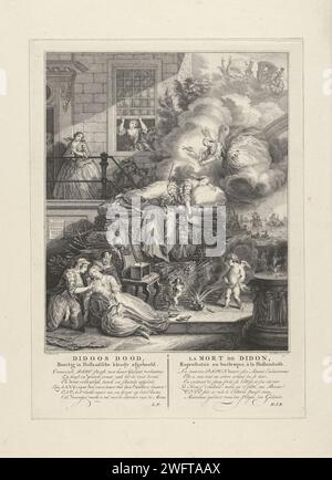 La mort de Dido, Simon Fokke, d'après Cornelis Troost, 1758 print Dido est mort sur un pieu de branches et d'articles ménagers. Au premier plan, une femme de chagrin est devenue malade. Derrière le bûcher, les femmes ont l’air choquées sur le trottoir devant une maison. L'affiche sur le trottoir à gauche du piquet montre que cette impression a été faite pour le jeu de deuil 'Didoos Dood' par Andries Pels. Sous le titre se trouve un texte en néerlandais et en français. Amsterdam papier gravure (histoire de) Dido - mort. tragédie Banque D'Images