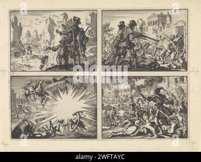 Les Espagnols armés regardent vers le bas des rochers des gens vivants complètement sauvages, ca. 1600/ meurtre des réformés à Tirano, 1620/ carrosse et les chevaux du roi Louis XIII détruits par l'explication d'une machine infernale, ca. 1625 / bataille des Russes et des Polaks à Moscou, où la ville est en grande partie aménagée, 1611, Jan Luyken, 1698 print feuille vierge avec quatre impressions. Amsterdam papier gravure exploration, expédition, voyage de découverte. Peuples autochtones d'Amérique du Sud. persécution des hérétiques. catastrophe de la poudre à canon. véhicule à quatre roues, tiré par des animaux, p.ex. cabine, voiture, autocar. Affrontez Tirano. Moskou Banque D'Images