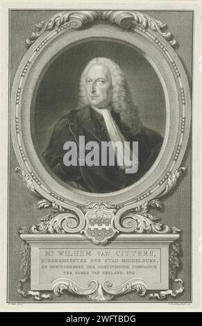 Portrait de Willem van Citters, Jacob Houbraken, d'après Jan Palthe, buste van Willem van Citters imprimé en 1759, dans un cadre ovale ornemental avec son arme au fond et une écurie percée sur laquelle son nom et son titre en deux lignes en quatre lignes en néerlandais. Amsterdam gravure / gravure sur papier Banque D'Images