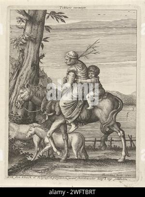 Épouse et enfant à cheval, Hendrick Hondius (I), d'après Martin Schongauer, d'après Titien, 1644 imprimer une vieille femme avec une brindille sur l'épaule et un petit enfant qui se tient à elle, conduisant à cheval sur une route de campagne le long de l'eau. Deux poulains marchent à côté d'eux. La volaille pend au-dessus du cheval de la femme. Les figures et les animaux ont été copiés sur une gravure sur bois de Nicolo Boldrini sur un dessin de Titien. À son tour, le Titien a tiré la vieille femme de la gravure « famille Boer au marché » de Martin Schongauer. Sous le show une règle en néerlandais. La Haye gravure sur papier / gravure chevauchant un ho Banque D'Images
