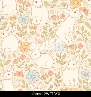 Joli motif sans fin dans des couleurs pastel avec des lapins et des fleurs Illustration de Vecteur