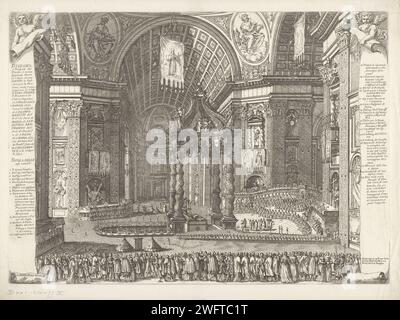 Canonisation dans le Sint-Pietersbasiliek, Giovanni Battista Falda, 1677 print vue dans le transept de la Saint La basilique de Pierre où la canonisation de Saint Gaetano Thiene, du Saint Francesco Borgia, de Saint Filippo Benizi, de Saint Luigi Bertrando et de Sainte Rosa da Lima par le pape Clemens X. la représentation est masquée de chaque côté par un ange avec une banderole, sur laquelle une liste explicative de nombres. Imprimeur : Italiaaprès dessin par : ItaliePublisher : RomeVaticaanstad gravure sur papier intérieur de l'église. saints. des saintes féminines. Francis Borgia, prêtre jésuite et duc de Gandie ; attributs possibles: Banque D'Images