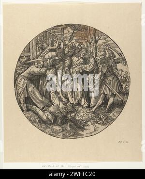 De Judaskus, Jacob Cornelisz van Oostsanen, dans ou après 1517 - 1533 estampe d'une série de douze estampes. Cadre découpé. Judas embrasse Christ fasciné par les soldats. Pierre avec l'épée levée attaque Malchus. Papier des pays bas le baiser de Judas : accompagné de soldats avec des torches et des lanternes, il embrasse Christ. Pierre tire son épée et coupe l'oreille de Malchus Banque D'Images