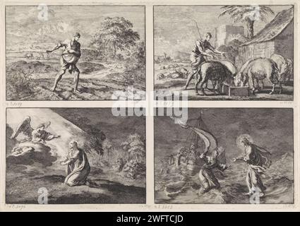 Quatre représentations du Nouveau Testament, Jan Luyken, 1703 impriment quatre représentations sur un magazine. En haut à gauche la parabole du semeur et le royaume des cieux. En haut à droite du fils perdu en tant que porc herer. En bas à gauche Christ dans le Hof de Getsemane. En bas à droite, Christ marche sur l'eau pendant une tempête sur le lac Galilée. Imprimeur : Haarlem Éditeur : Amsterdam paper graving the semer  parabole of Christ (Matthieu 13:3-9, Marc 4:3-9, Luc 8:5-8). le fils prodigue s'occupe des porcs et mange de leur auge. Agonie du Christ : pour le réconforter un ou plusieurs anges apparaissent à CH Banque D'Images