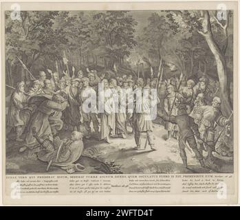 Collection du Christ, Anonyme, d'après Nicolaes de Bruyn, 1630 - 1702 imprimer le Christ est capturé par un groupe de soldats. Judas l'embrasse sur la joue. Sur la gauche Pierre lève son épée pour enlever l'oreille de Malchus. Sous le spectacle le titre en latin, quatre vers de quatre lignes en néerlandais, français, allemand et anglais et une référence au texte de la Bible dans Mat. 26:48. Amsterdam gravure sur papier le baiser de Judas : accompagné de soldats avec des torches et des lanternes, il embrasse le Christ. L'arrestation du Christ  jardin de Gethsémani. Pierre tire son épée et coupe l'oreille de Malchus Banque D'Images