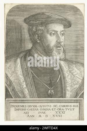 Portret Van Keizer Karel V, Barthel Beham, 1531 impression Portrait de l'empereur Charles V à l'âge de 31 ans avec une légende latine sur son pouvoir. München papier. gravure à l'encre / stylo Banque D'Images