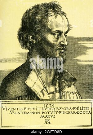 On peut voir ici une gravure sur cuivre datant de 1526 par Albrecht durer de Philip Melanchton. Philip Melanchthon (mort en 1560) était un réformateur luthérien allemand, collaborateur de Martin Luther, le premier théologien systématique de la réforme protestante, un leader intellectuel de la réforme luthérienne et un concepteur influent des systèmes éducatifs. Albrecht durer (mort en 1528) était un peintre et graveur allemand. Beaucoup le considèrent comme le plus grand artiste de la Renaissance allemande. Banque D'Images