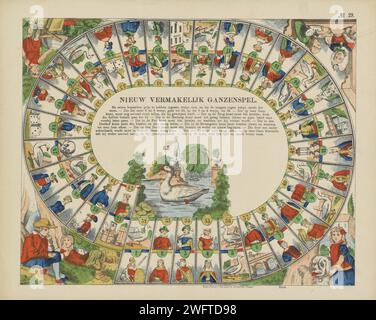 Nouveau jeu d'oie divertissant, Charles Burckhardt, c. 1870 - 1889 print. Jeu de plateau de jeu de poule. Ovale avec compartiments numérotés de 1 à 63. Chaque boîte montre une image d'une personne, d'une oie, d'une structure ou d'un dé. Au milieu un grand ovale avec une oie. Enfants jouant dans les quatre coins autour de l'ovale. Dans la profession centrale, sous le titre, les règles en livre imprimé. Numéroté en haut à droite : n° 29. Papier Wissembourg typographie impression gibier d'oie Banque D'Images