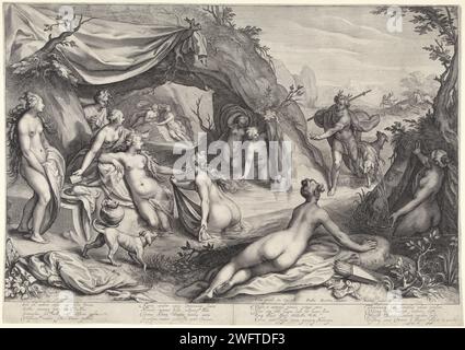 Diana an Actaeon, Jacob Matham, d'après Paul Morese, 1605 - 1609 imprimer le bain Diana et ses nymphes sont surpris par Actaeon. Pour le châtiment, il est transformé en cerf et est tué par ses propres chiens. Haarlem gravure sur papier Actaeon changé en cerf : comme punition pour la voir se baigner, Diana change Actaeon, le chasseur, en cerf (Ovide, Métamorphoses III 193) Banque D'Images