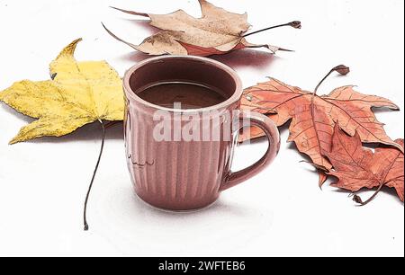 Une tasse de café et des feuilles d'automne sur un fond blanc Banque D'Images