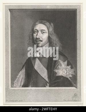 Portret van Michel le Tellier, Robert Nanteuil, d'après Philippe de Champaigne, tirage 1653 Portrait du chancelier Michel le Tellier, dans un cadre de pierres à droite. Sur sa manche l'emblème de l'ordre du Saint-Esprit (Saint-Esprit). Gravure sur papier France Banque D'Images