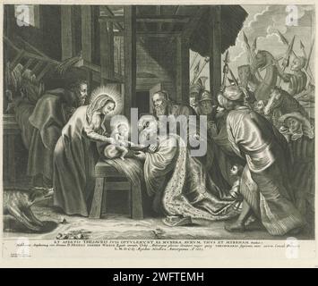 Adoration des Rois, Adriaen Lommelin, d'après Pierre Paul Rubens, 1663 estampe dans une étable, Marie et Joseph montrent l'enfant Christ aux trois sages. Les trois offrent à l'enfant leurs cadeaux. À droite, les membres regardent leur entourage. Dans la marge un texte de deux lignes en latin. Anversois gravure sur papier adoration des rois : les Sages présentent leurs dons au Christ-enfant (or, encens et myrrhe) Banque D'Images