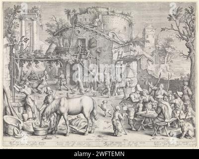 Repas à Emmaus, Jacob Matham, après Sebastiaen Vrancx, 1606 impriment de nombreuses figures occupées par leur routine quotidienne; un homme laisse son cheval boire après avoir dépouillé l'animal de sa selle, boire à gauche et des cartes, y compris un certain nombre de personnages, y compris un vendeur avec un panier plat autour de son épaule. Un voyageur entre dans la porte, une femme puise de l'eau d'un puits. À l'extrême gauche en arrière-plan, le Christ est reconnu par deux de ses apôtres qui voyageaient avec lui à Emmaüs, tandis qu'il rompt le pain pendant les repas. Haarlem papier gravure le souper à Emmaus : Christ est reconnu pendant la bénédiction ou le brea Banque D'Images