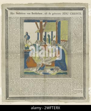 L'étal de Bethléem, ou le Geboórte Jesu Christi, 1800 - 1833 imprimer le culte par les bergers. A gauche une femme avec une cruche sur la tête. Autour du texte dans l'impression de livre en néerlandais. Complètement entouré par un bord décoratif. Impression typographique en papier Turnwood adoration de l'enfant-Christ par les bergers ; Marie et Joseph présents Banque D'Images