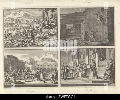 Persécution des protestants en Irlande, 1641 / la comtesse d'Aubigny s'est échappée de sa prison de Londres en sautant par la fenêtre, 1643 / les hommes du résultat de la fusillade de l'envoyé portugais à Londres à la Bourse de Harcourt Greenway, 1653 / Eglise à Innsbrück vrai Christina van Sweden lit sa déclaration de sa transition à l'Eglise catholique, 1655, Jan Luyken, 1698 print feuille vierge avec quatre empreintes. Amsterdam paper gravure persécution des hérétiques. mort violente, être tué ; être maltraité et maltraité ; chercher la mort. évasion, tentatives d'évasion. nuit. tentative, meurtre politique. Banque D'Images