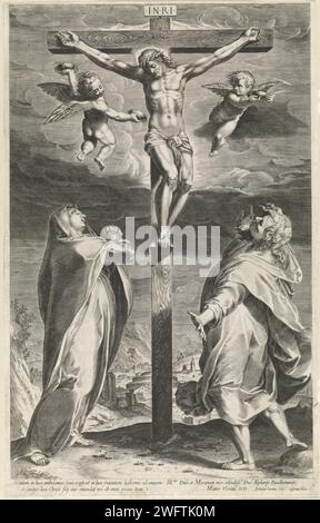 Christ sur les Kruis, Gijsbert van Veen, d'après Federico Barocci, 1572 - 1613 imprimer Christ sur la croix, flanqué de deux anges qui attrapent le sang de ses blessures dans des bols. Marie et Jean Baptiste sont au pied de la croix. Italie gravure sur papier crucifié Christ avec Marie et Jean de chaque côté de la croix ; Saint Rood Banque D'Images