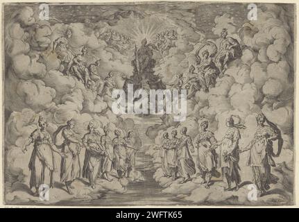 Harmonie Van de Sferen, Agostino Carracci, d'après Andrea Boscoli, d'après Bernardo Buontalenti, 1589 - 1592 imprimer Affichage du premier intermède lors de la représentation de la pièce 'la Pellegrina' de Girolamo Bargagli : les atmosphères se dressent et se dressent en rangées sur les nuages. Pour les six intermezzi de Giovanni de'Bardi, les machines et les costumes ont été conçus par Bernardo Buontalenti. Cette représentation a eu lieu à l'occasion du mariage de Ferdinando I de'Medics et Christina van Lotharingen en 1589. Imprimeur : Italiaaprès dessin par : Florenceafter design par : Florence papier gravure sphères  Heavens Flor Banque D'Images