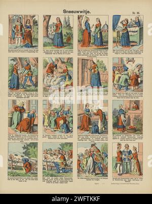 Blanc neige, successeurs Charles Burckhardt, c. 1889 - c. 1906 imprimer feuille avec 16 représentations du conte de fées Blanche neige. Une légende sous chaque image. Numéroté en haut à droite : n° 86. Papier Wissembourg typographie impression de contes et de contes de fées. petites personnes. princesse Banque D'Images