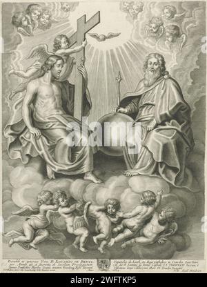 Triomphe de la Sainte Trinité, Adriaen Lommelin, d'après Pierre Paul Rubens, 1664 Imprimer la Sainte trinité sur des nuages, tenus par un groupe d'anges. À droite, Dieu est comme un vieil homme avec globe et sceptre, à gauche, Christ avec la croix. Au-dessus d'eux, le Saint-Esprit est apparu sous la forme d'un pigeon. Vu du ciel, cherubin sont regarder à gauche et à droite. Dans la marge un blason et une légende en latin. Anvers gravure sur papier Trinité dans laquelle Dieu le Père et le Christ sont représentés en tant que personnes, le Saint-Esprit en tant que colombe (+ donateur(s), suppliant(s), avec ou sans saint(s) patron(s)). anges à ador Banque D'Images