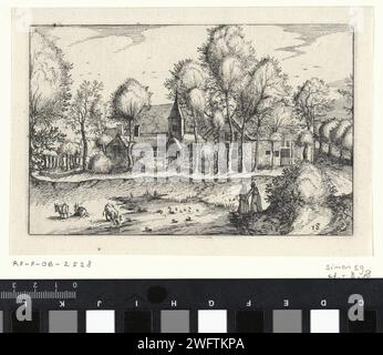 Figures à un étang, Claes Jansz. Visscher (II), d'après Maître des petits paysages, d'après Johannes ou Lucas van Doetechum, 1620 print il y a deux personnes et quelques bovins dans un étang, pour un groupe avec des maisons. Canards et oiseaux nagent dans l'étang. Amsterdam papier gravure route, chemin. étang, piscine Banque D'Images