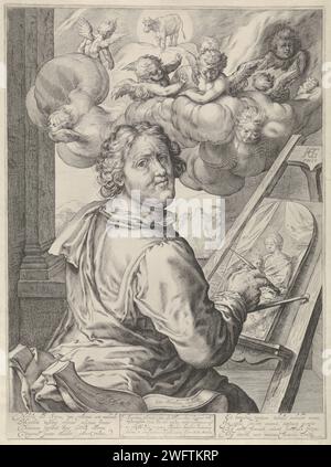 H. Lucas peint le portrait de Maria, Jacob Matham, d'après Hendrick Goltzius, 1612 - 1616 tirage Saint Luc est assis derrière son chevalet, vu de côté, regardant par-dessus son épaule droite vers le spectateur. Sur l'âne un panneau sur lequel l'image de Maria avec l'enfant. Au-dessus de la tête de Lucas de nombreux putti et au sommet se trouvent le bœuf. Haarlem papier gravure St.Luc peinture ou dessin de la Madone (c'est-à-dire Marie et le Christ-enfant), parfois Joseph présent Banque D'Images