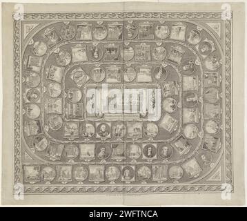 Jeu d'histoire patriotique, 1787 copies. Jeu de société Spiral avec des boîtes numérotées de 1 à 80, donne un dessin animé de l'histoire néerlandaise en 80 portraits et scènes, commençant par l'arrivée des Bataves jusqu'à la prestation de serment de la milice à Utrecht en 1786. A 80 ans, à 80 ans, une image de l'école d'élevage pour le transport maritime, construite à Amsterdam en 1785. Entouré d'un cadre décoratif. Pays-Bas gravure papier jeux de société de hasard. Jeux de société école maternelle pour le transport maritime. Pays-Bas. Pays bas Banque D'Images