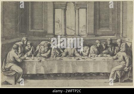 Dernière Cène, Marco Dente, d'après Marcantonio Raimondi, d'après Rafaël, 1498 - 1532 imprimer Christ et ses douze disciples assis autour d'une table. Via une fenêtre dans la vue d'arrière-plan d'un paysage. Italie gravure sur papier dernière Cène (en général) (Matthieu 26:21-35, Marc 14:18-31, Luc 22:3, 22:15-23, Jean 13:21-38) Banque D'Images