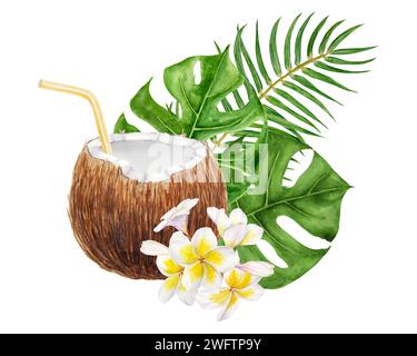 Frangipanier blanc, monstera vert, illustration de feuilles de palmier. Aquarelle dessinée à la main clip art de plumeria de fleur exotique. Peinture tropicale pour mariage Banque D'Images