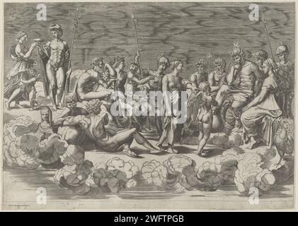 Collection des dieux sur l'Olympe, Giovanni Jacopo Caraglio, d'après Giovanni Francesco Penni, d'après Rafaël, 1515 - 1565 imprimer un groupe de dieux et déesses sur l'Olympe, y compris Jupiter, Minerve, Juno, Bacchus et Mercure. Imprimeur : Italyprint Maker : Italyafter print by : Italyafter painting by : Romeafter design by : ItalyPublisher : Italy paper graving Olympus. Divinités romaines masculines. Divinités romaines féminines Banque D'Images