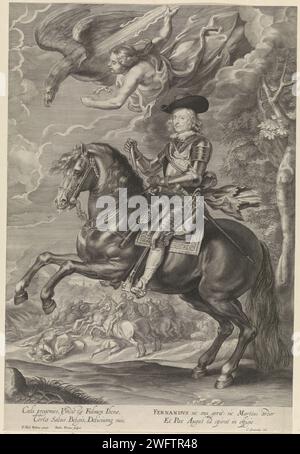 Portrait équestre du Cardinal-enfant Ferdinand d'Autriche, Paulus Ponce, d'après Pierre Paul Rubens, 1616 - 1657 imprimer le Cardinal-enfant Ferdinand d'Autriche à cheval. Dans les airs l'aigle et un putto avec l'éclair de Jupiter. Une bataille en arrière-plan. Dans la marge un éloge de quatre lignes en latin. Anvers gravure sur papier attributs de Jupiter. bataille Banque D'Images