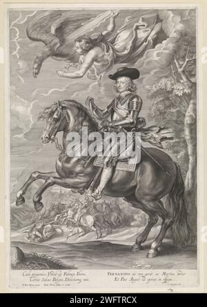 Portrait équestre du Cardinal-enfant Ferdinand d'Autriche, Paulus Ponce, d'après Pierre Paul Rubens, 1616 - 1657 imprimer le Cardinal-enfant Ferdinand d'Autriche à cheval. Dans les airs l'aigle et un putto avec l'éclair de Jupiter. Une bataille en arrière-plan. Dans la marge un éloge de quatre lignes en latin. Anvers gravure sur papier attributs de Jupiter. bataille Banque D'Images