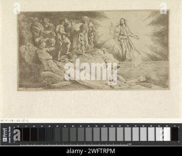 Opwekking Lazarus, Salvatore Castiglione, 1645 print Christ éveille Lazarus des morts. Lazarus sort de sa tombe. Un groupe de spectateurs réagit surpris et surpris. Italie papier mordant la levée de Lazarus ('Lazarus, come outt') Banque D'Images