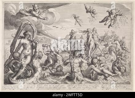 Triomf van Neptune en Amphitrite, Jacob Matham, d'après Bartholomew Spranger, 1611 - 1614 print Neptunus et son épouse Amphitrite ensemble dans une coquille dessinée par des hippocampes. Dans le ciel, met avec des fleurs et à gauche dans les nuages de Mercure. Ils sont entourés de nombreux tritons et néréides. Gravure sur papier Haarlem (histoire de) Neptune (Poséidon). Progéniture, compagnon(s), train etc. De Neptune. (Histoire de) Amphitrite Banque D'Images