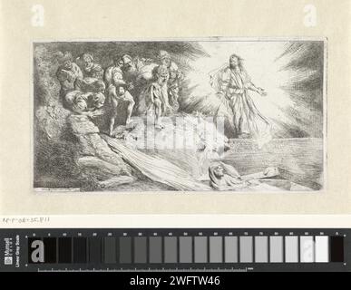 Opwekking Lazarus, Salvatore Castiglione, 1645 print Christ éveille Lazarus des morts. Lazarus sort de sa tombe. Un groupe de spectateurs réagit surpris et surpris. Italie papier mordant la levée de Lazarus ('Lazarus, come outt') Banque D'Images