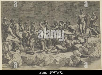 Collection des dieux sur l'Olympe, Giovanni Jacopo Caraglio, d'après Giovanni Francesco Penni, d'après Rafaël, 1515 - 1565 imprimer un groupe de dieux et déesses sur l'Olympe, y compris Jupiter, Minerve, Juno, Bacchus et Mercure. Imprimeur : Italyafter painting by : Romeafter design by : Italy Paper gravure Olympus. Divinités romaines masculines. Divinités romaines féminines Banque D'Images