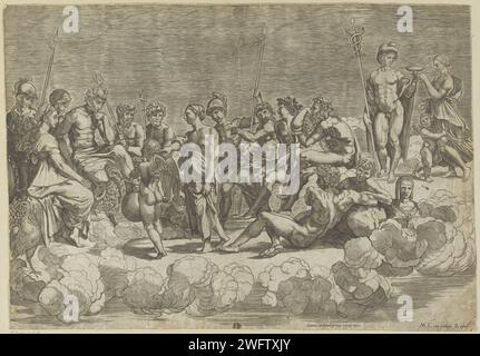Collection de dieux sur l'Olympe, Giovanni Jacopo Caraglio, d'après Giovanni Francesco Penni, d'après Rafaël, 1602 Imprimer un groupe de dieux et déesses sur l'Olympe, y compris Jupiter, Minerve, Juno, Bacchus et Mercure. Imprimeur : Italyafter painting by : Italyafter design by : ItalyPublisher : Rome Paper graving Olympus. Divinités romaines masculines. Divinités romaines féminines Banque D'Images
